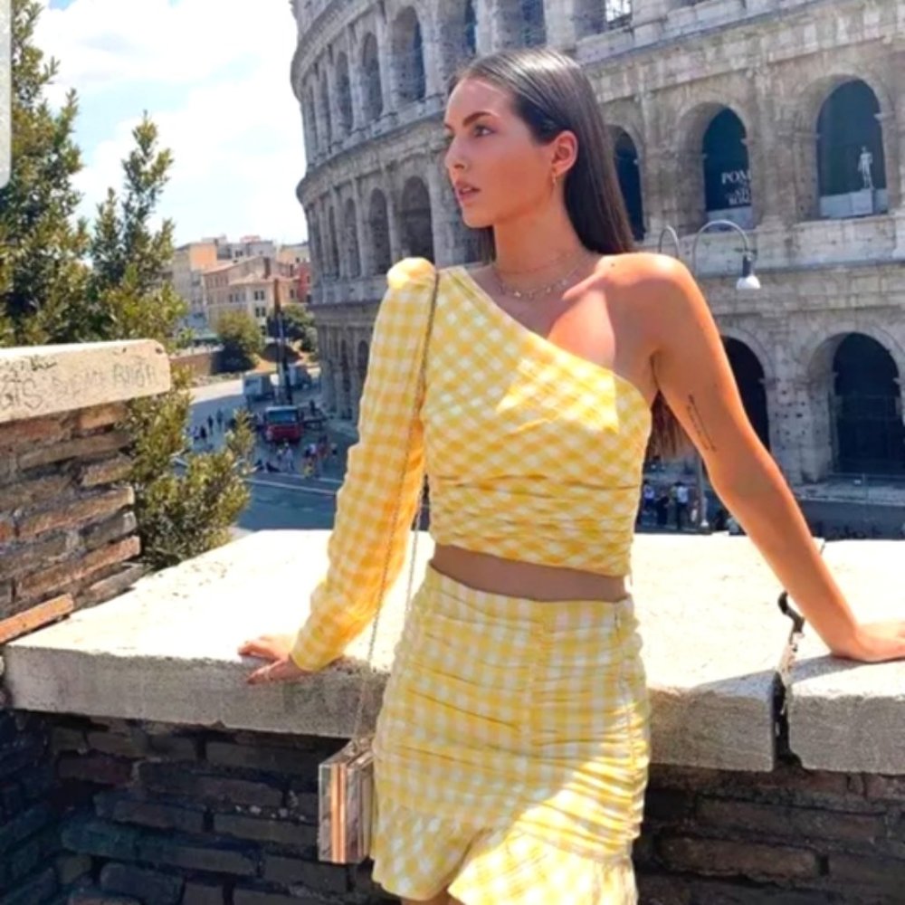 ZARA Women's Gingham Asymmetrical One Shoulder Crop Top Checkered Yellow XS, M